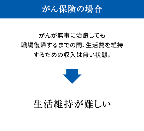 がん保険の場合 がんが無事に治療しても職場復帰するまでの間、生活費を維持するための収入は無い状態。 生活維持が難しい