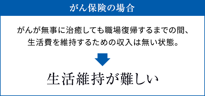 がん保険の場合 がんが無事に治療しても職場復帰するまでの間、生活費を維持するための収入は無い状態。 生活維持が難しい