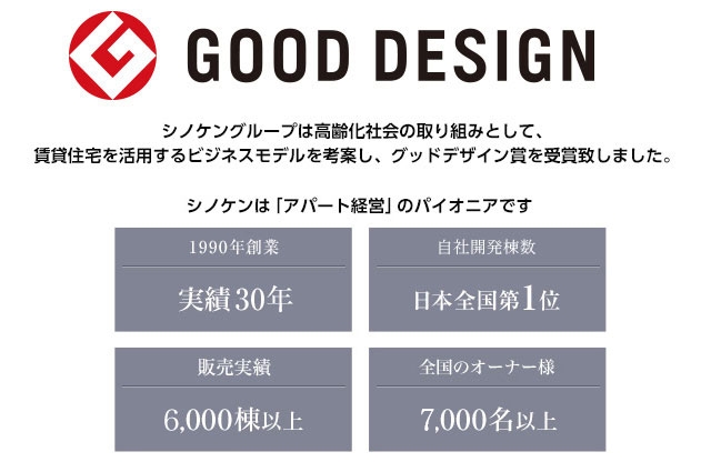GOOD DESIGN シノケングループは高齢化社会の取り組みとして、賃貸住宅を活用するビジネスモデルを考案し、グッドデザイン賞を受賞致しました。