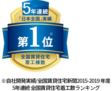 4年連続「日本全国」実績第1位 全国賃貸住宅着工棟数 ※自社開発実績/全国賃貸住宅新聞2015-2018 4年連続全国賃貸住宅着工数ランキング1位