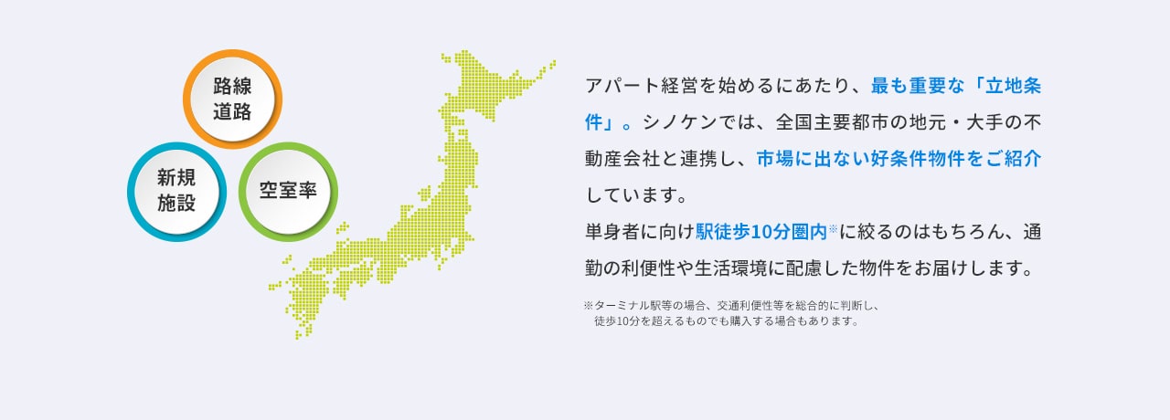 路線 道路 新規 施設 空室率 アパート経営を始めるにあたり、最も重要な「立地条件」。シノケンでは、全国主要都市の地元・大手の不動産会社と連携し、市場に出ない好条件物件をご紹介しています。 単身者に向け駅徒歩10分圏内※に絞るのはもちろん、通勤の利便性や生活環境に配慮した物件をお届けします。 ※ターミナル駅等の場合、交通利便性等を総合的に判断し、徒歩10分を超えるものでも購入する場合もあります。