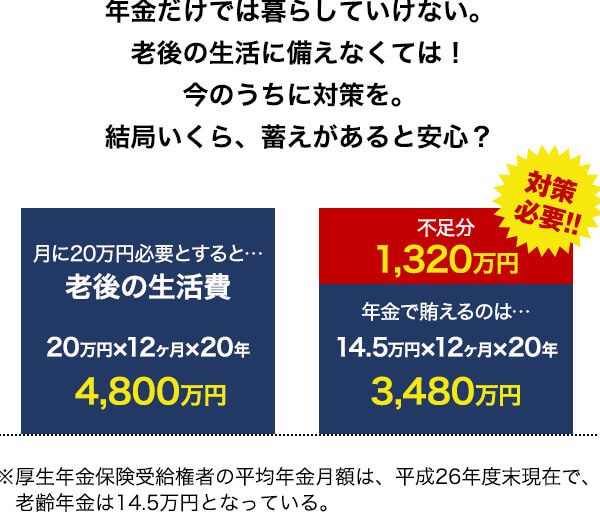 年金だけでは暮らしていけない。老後の生活に備えなくては！今のうちに対策を。結局いくら、蓄えがあると安心？